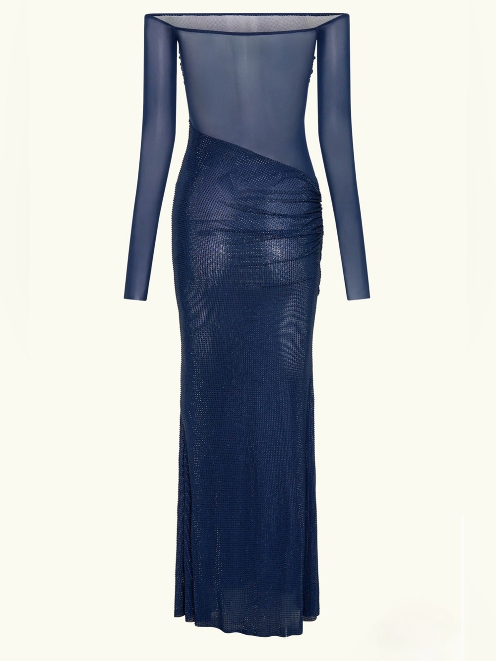 Navy Off-Shoulder Sequin Mesh Evening Gown
Rhinestone Sheer back - Picture 5 of 5